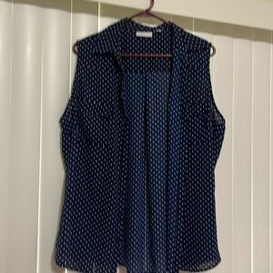 Navy and white sleeveless button up top